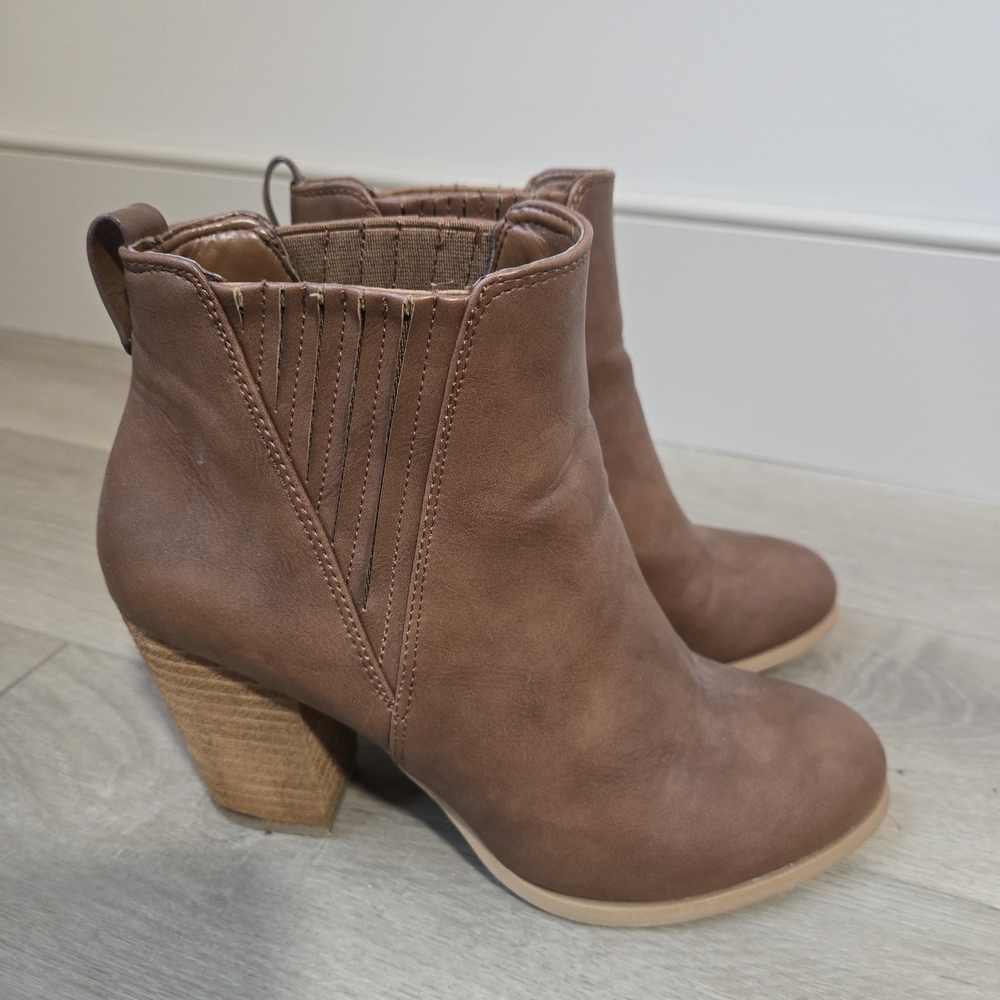 Call It Spring tan cognac heeled ankle boots, size 7